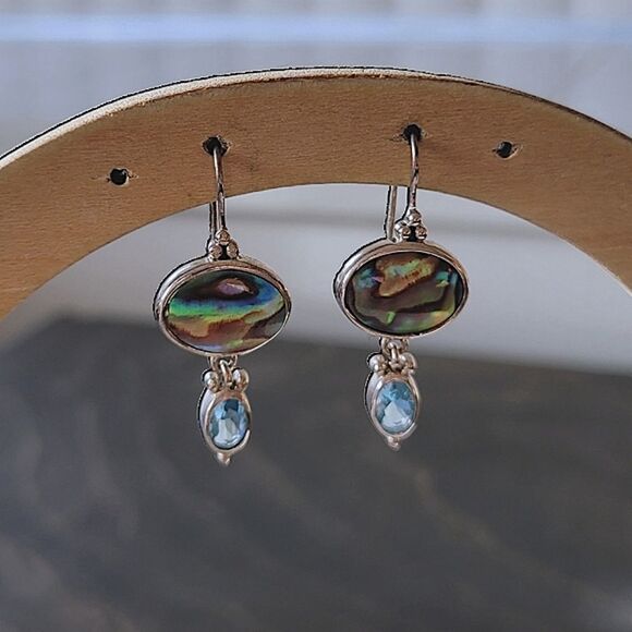 Vtg Avon sterling silver abalone & blue topaz earrings & pendant set - Picture 4 of 8